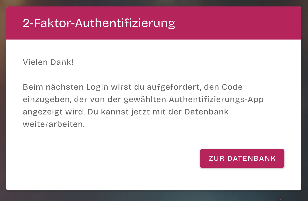 The two-factor authentication setup confirmation screen