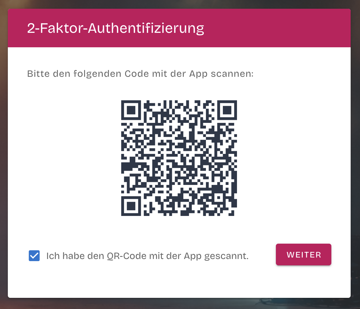 The two-factor authentication setup step showing a QR code to scan