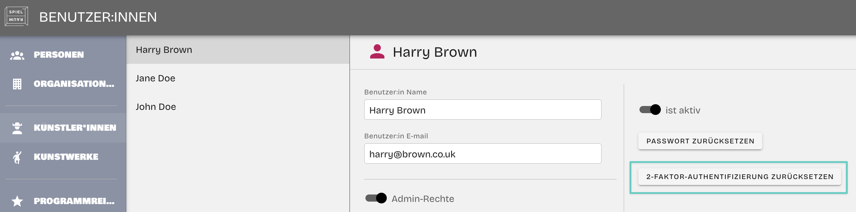 The user administration panel with a button for resetting two-factor authentication
