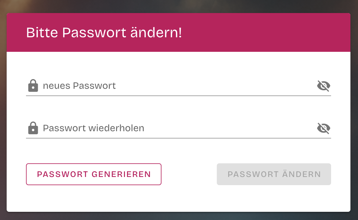 The Spielraum password change screen shown after login with a default password