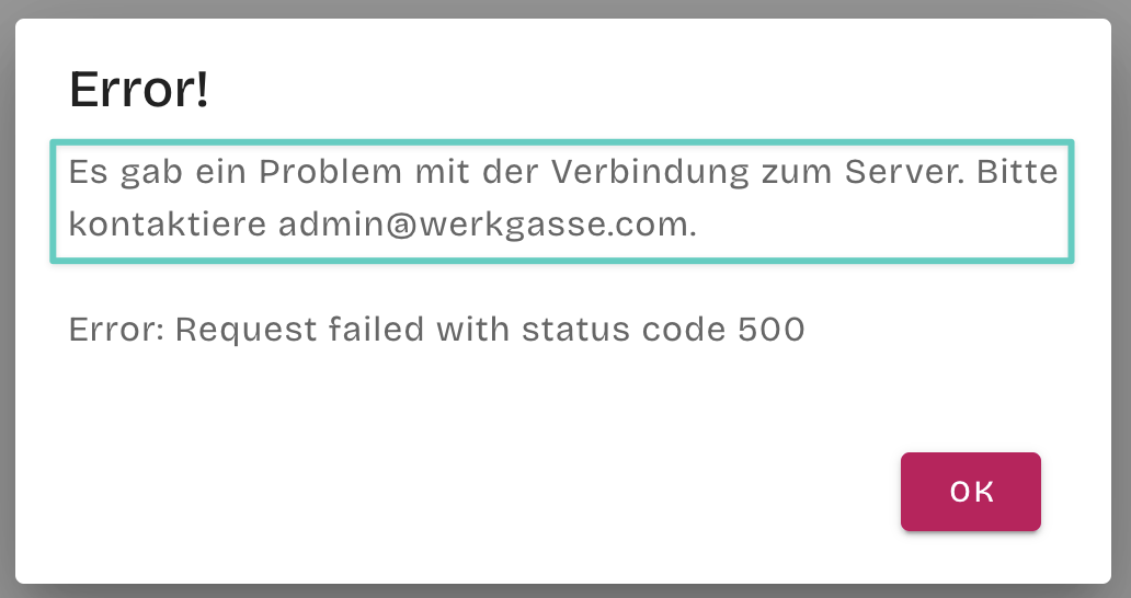 A Spielraum error dialog with a project-specific default error message