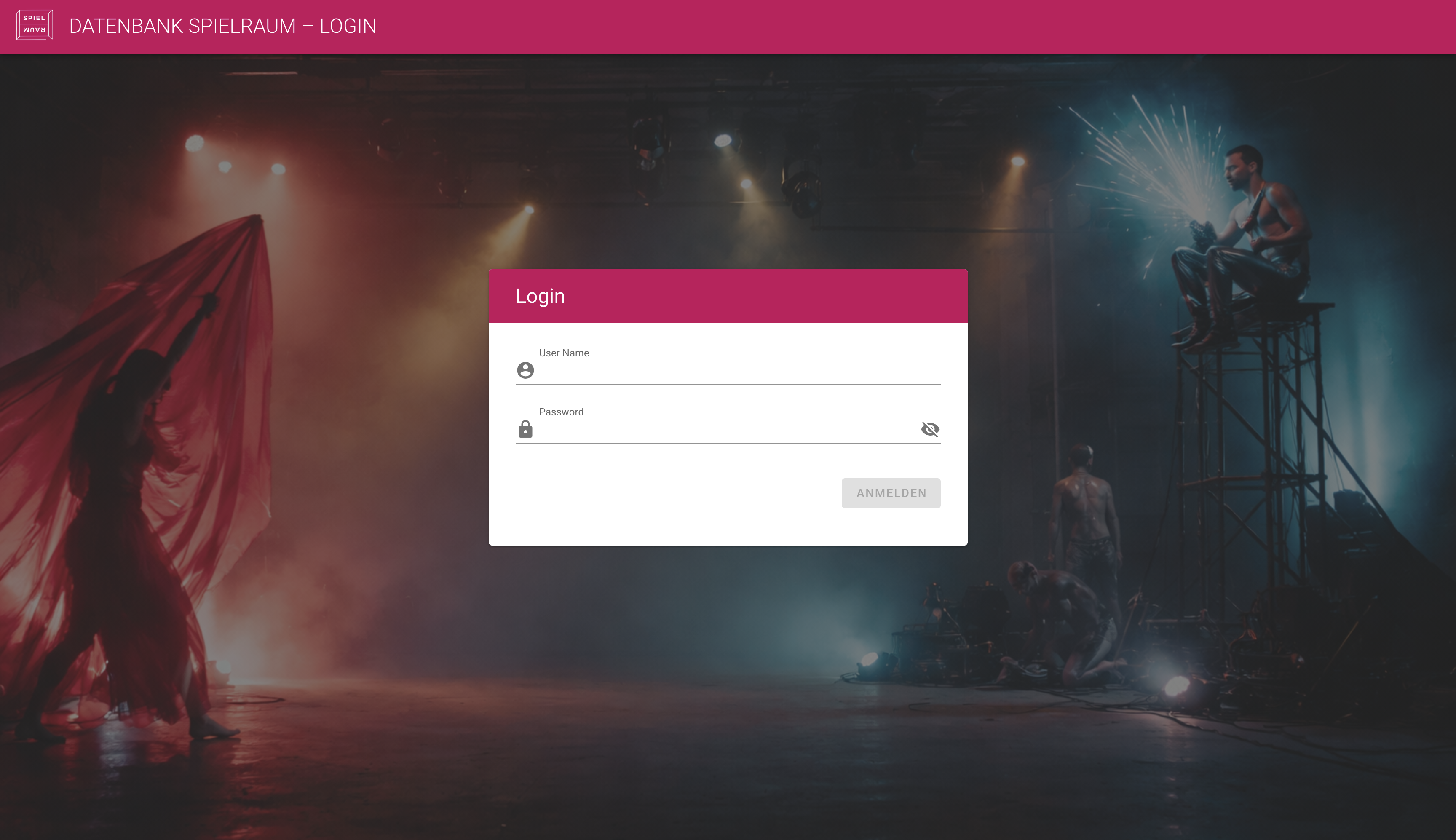 The Spielraum login screen with a full-page background image