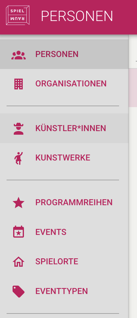 The Spielraum navigation drawer showing several modules with icons and dividers