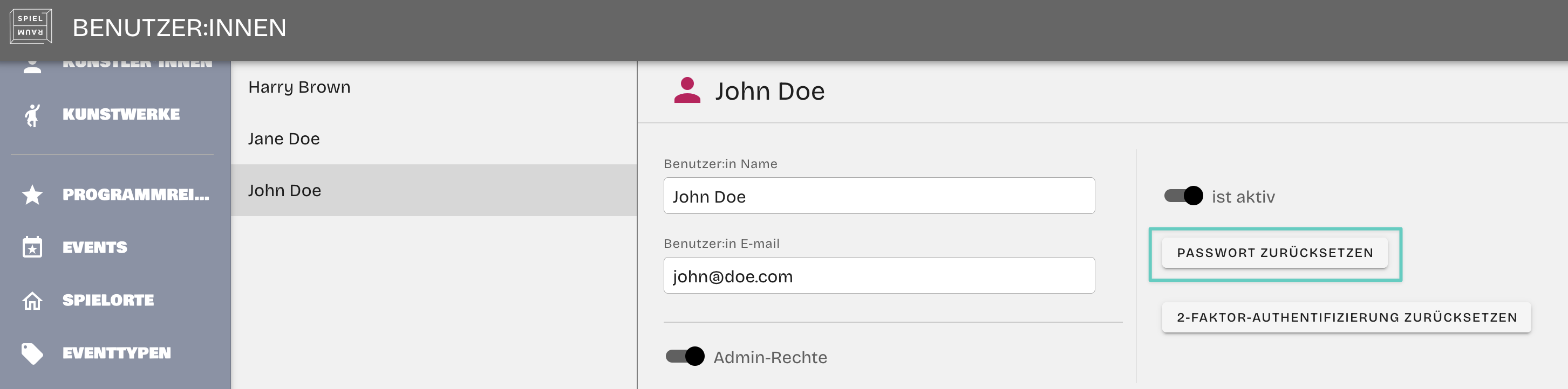 The Spielraum user administration panel with a password reset button